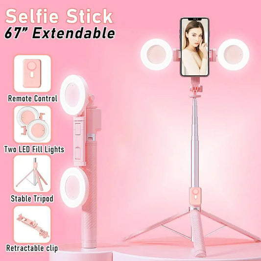Portable 67 Selfie Stick Tripod with 360°-Rotatable Design, Dual Fill Ring Lights, Wireless Remote for Smartphone (Iphone, Android) – Vlog Stand, Gift Option