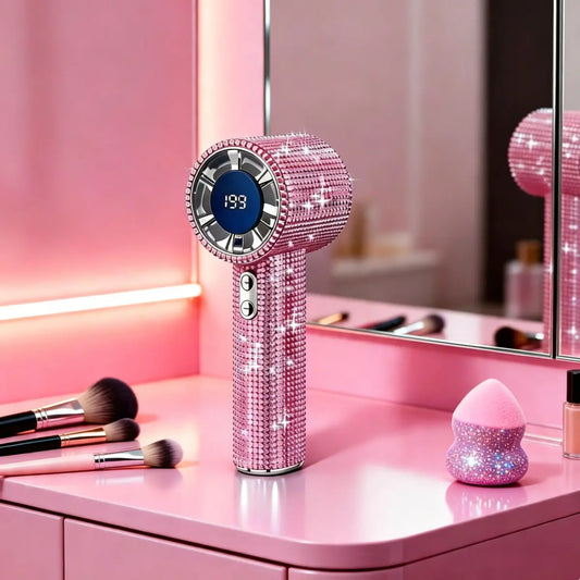 Bling Quuen Diamond Bling Handheld Fan, Portable Mini Fan with Digital Display, Adjustable 3-Speed Rechargeable Personal Fan for Travel, Makeup, Outdoor, Women'S Gifts