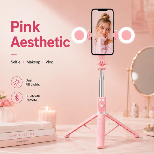 Portable 67 Selfie Stick Tripod with 360°-Rotatable Design, Dual Fill Ring Lights, Wireless Remote for Smartphone (Iphone, Android) – Vlog Stand, Gift Option