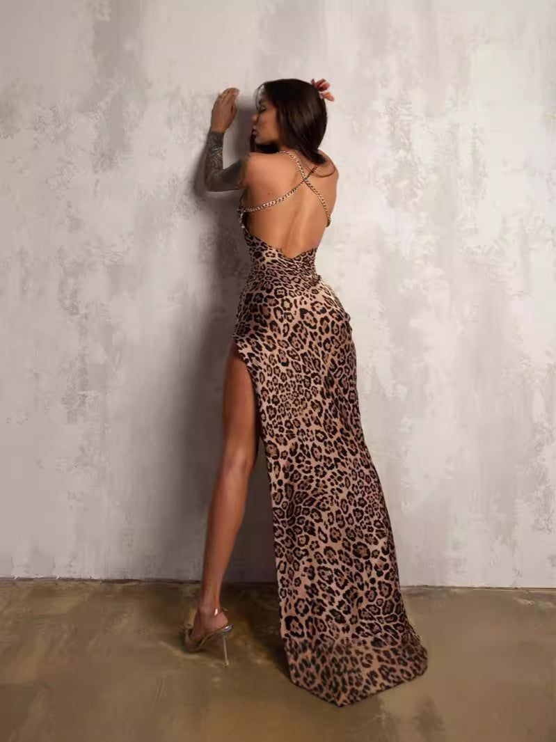 Women's Leopard Print Backless Chain Strap Dress
