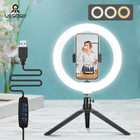 10-Inch LED Circular Fill Light Strip Tripod and Mobile Phone Stand, 3 Light Modes, Adjustable Brightness Desktop Makeup LED Circular Light, Suitable for Video, Photography, Self-Portrait, Live Streaming