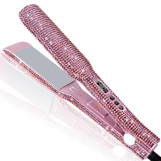 Titanium Flat Iron Rhinestone 480°F High Temp Hair Straightener Curler 2 Inch Salon Professional Dual Voltage Bling Glitter