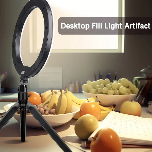 10-Inch LED Circular Fill Light Strip Tripod and Mobile Phone Stand, 3 Light Modes, Adjustable Brightness Desktop Makeup LED Circular Light, Suitable for Video, Photography, Self-Portrait, Live Streaming